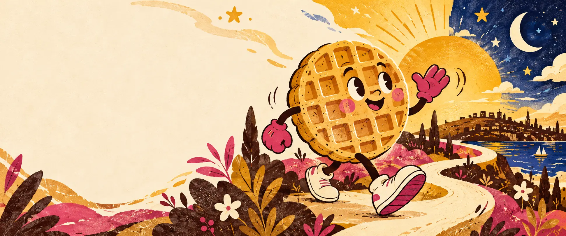 Çizim: yürüyen, gülümseyen waffle karakteri
